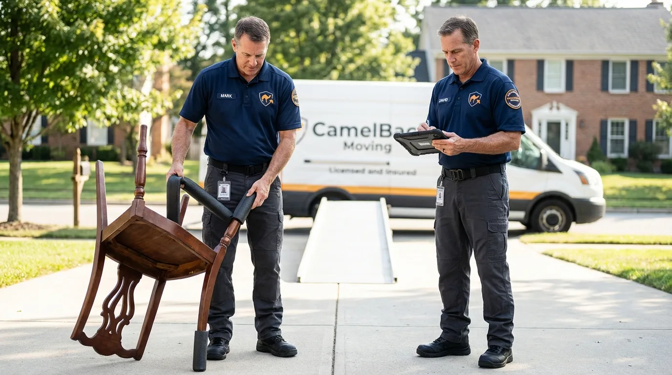 Movers inspecting furniture for damage prevention before loading in Lake Elmo, MN