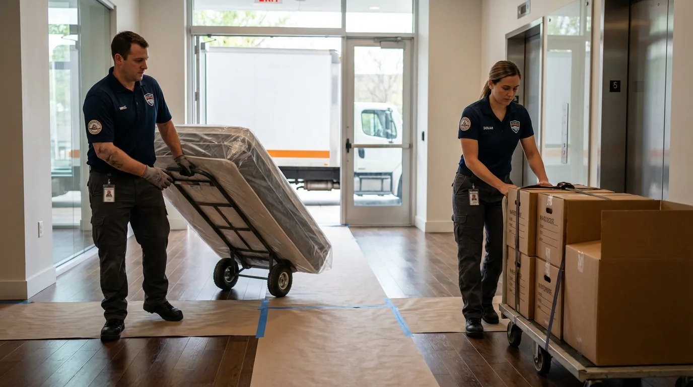 Professional apartment movers loading elevator in Lake Elmo, MN